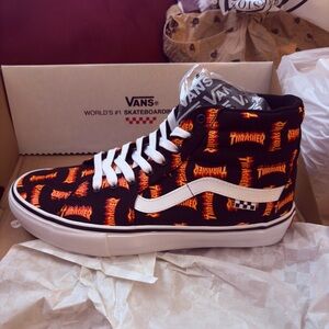 Vans Black and Orange Flame High-Tops